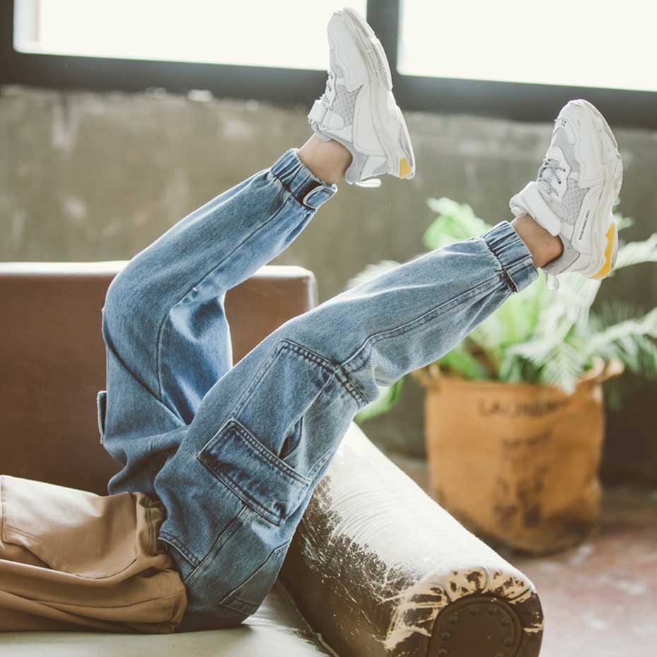 Drenge jeans solid cargo bukser børn jeans dreng elastiske talje jeans til drenge skole forår efterår afslappet jeans tøj til drenge