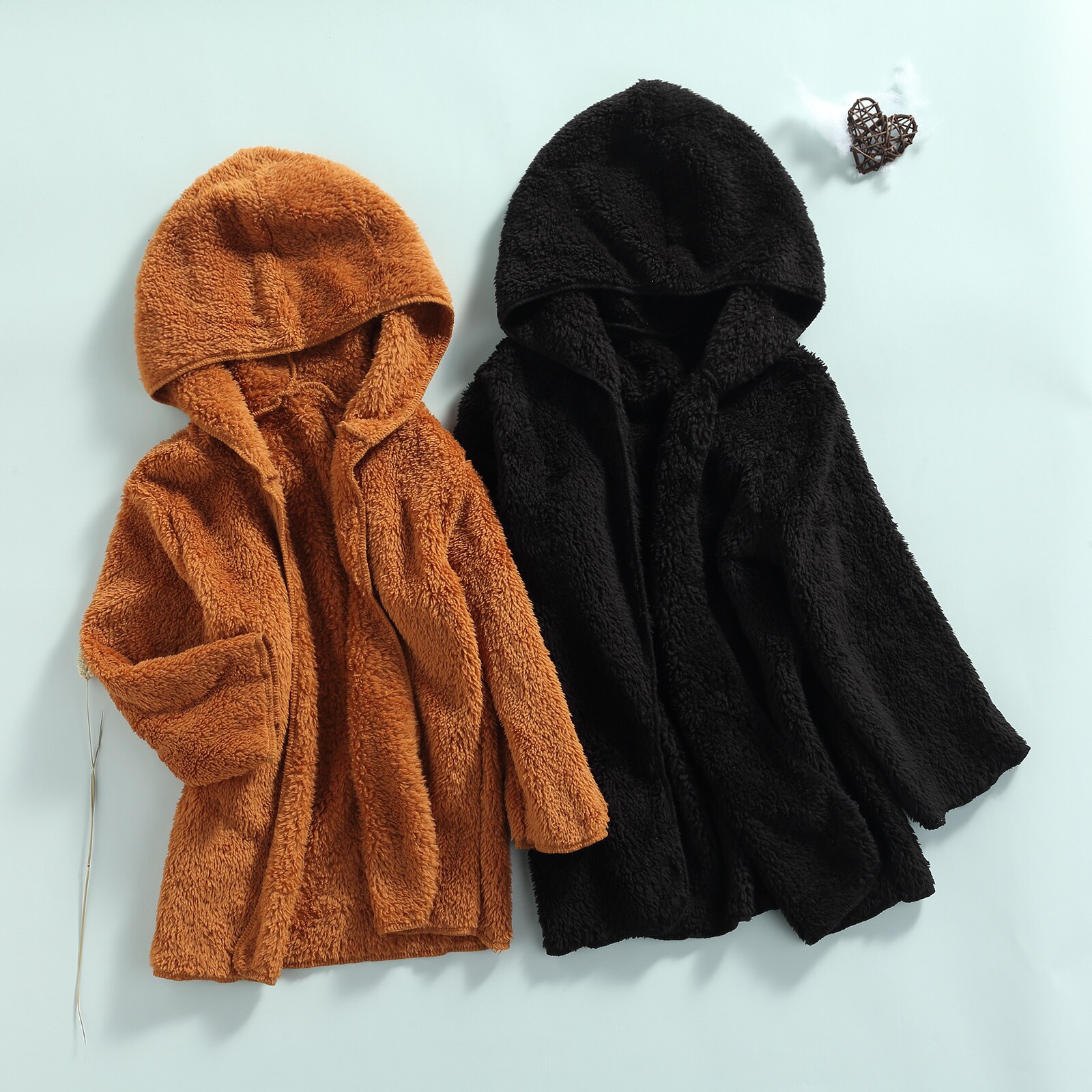 3-7Years Casual Kids Meisjes Jongens Bont Winter Jassen 2 Kleuren Open Voorzijde Effen Kleur Lange Mouw Hooded Bovenkleding