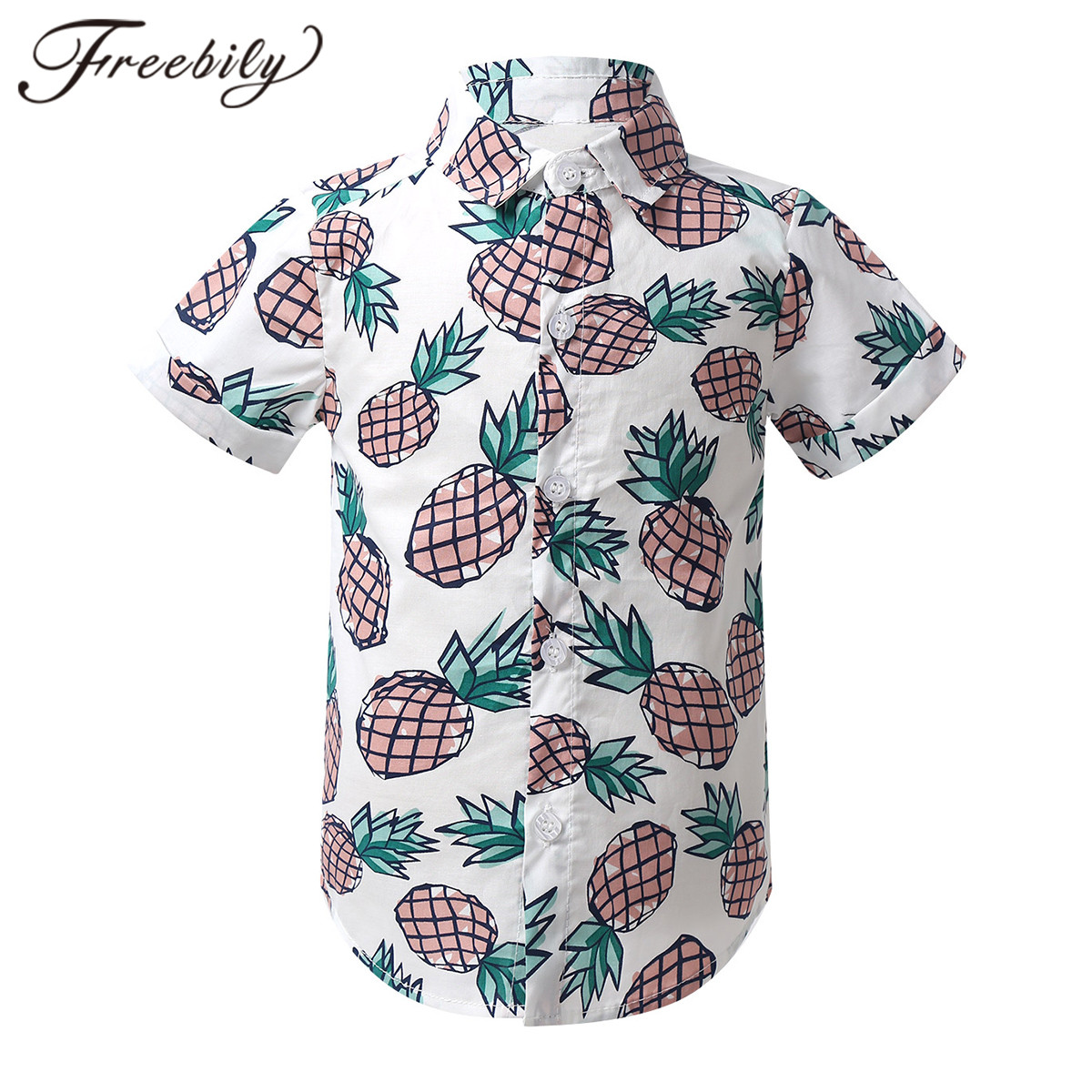 Bebé de verano de los muchachos de algodón de manga corta Camiseta de piña impresa Spread Collar botón Top bajo playa camisa Casual