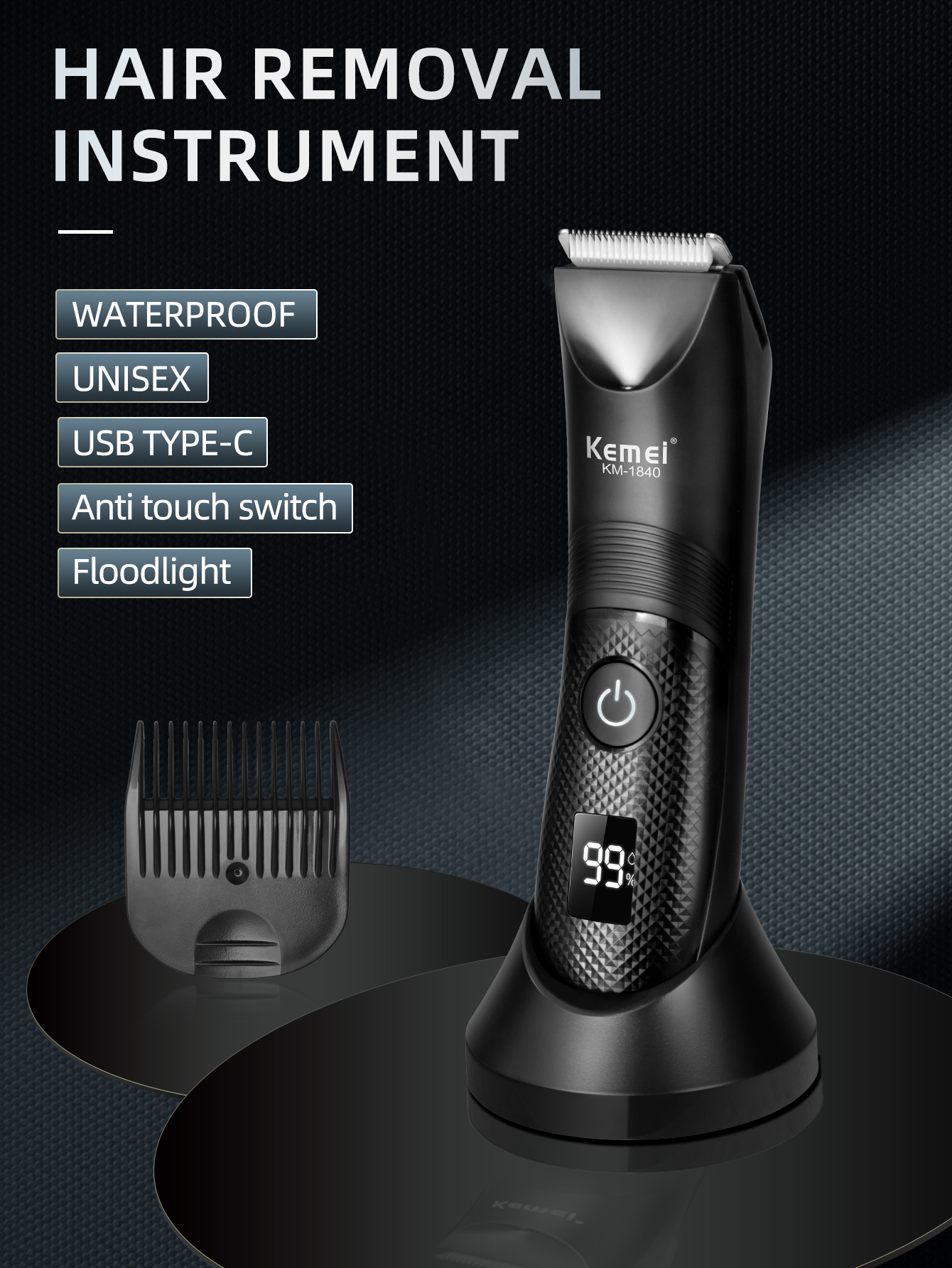 KEMEI Professionele tondeuse voor mannen Waterdichte elektrische tondeuseset Oplaadbare kapperstondeuse met LCD-scherm
