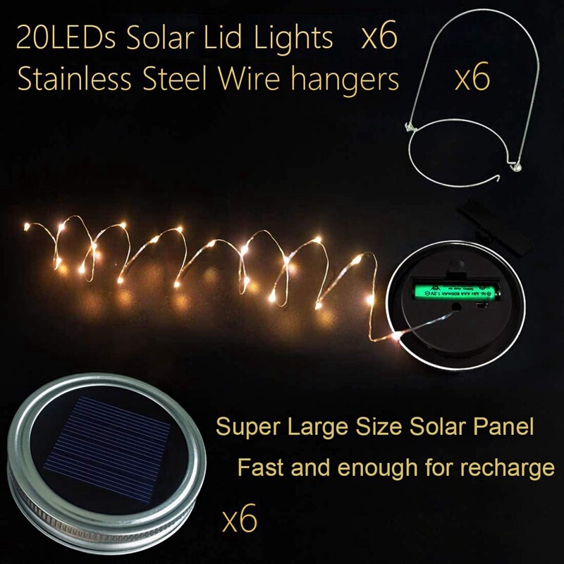 Lumières solaires de couvercle de pot de Mason, paquet de 6 20 lumières de couvercles de pot de luciole d'étoile de fée de ficelle de Led, 6 cintres inclus (pots non inclus), Patio