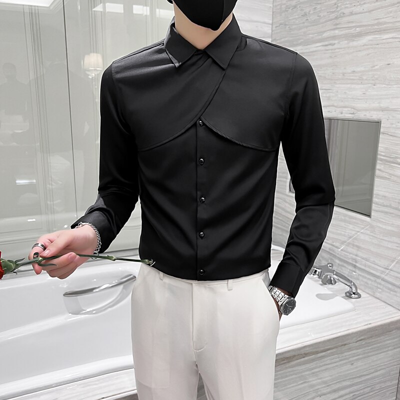 Black/White Spring Personality Spliced Long Sleeve Tuxedo Shirts For Men Clothing 2022 Slim Fit Casual Chemise Homme: black / Asian 3XL  73-78KG