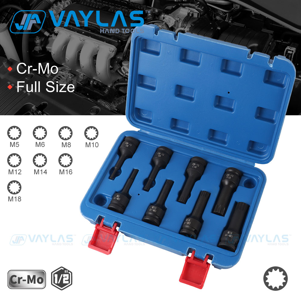1/2-inch Impact Spline Socket Bit 8Pcs 1/2" Drive Spline Screwdriver Bits M5-M18 Sizes Spline Key Wrench Tools Set for Repair