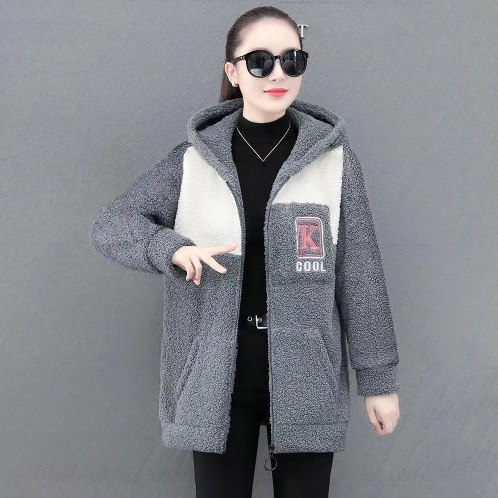 Damenjacke, Colorblock-Vlies-Kapuzenmantel mit Reißverschlusstaschen für Damen, warme Winter-Strickjacke-Jacke, mittellang, Schließfach