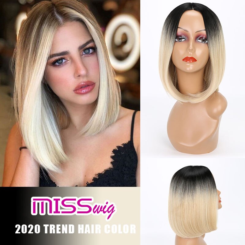 Miss Pruik Korte Rechte Ombre Roze Hittebestendige Bob Pruik Voor Vrouwen Zwart Ombre Kleur Synthetisch Haar: 1B/27HL