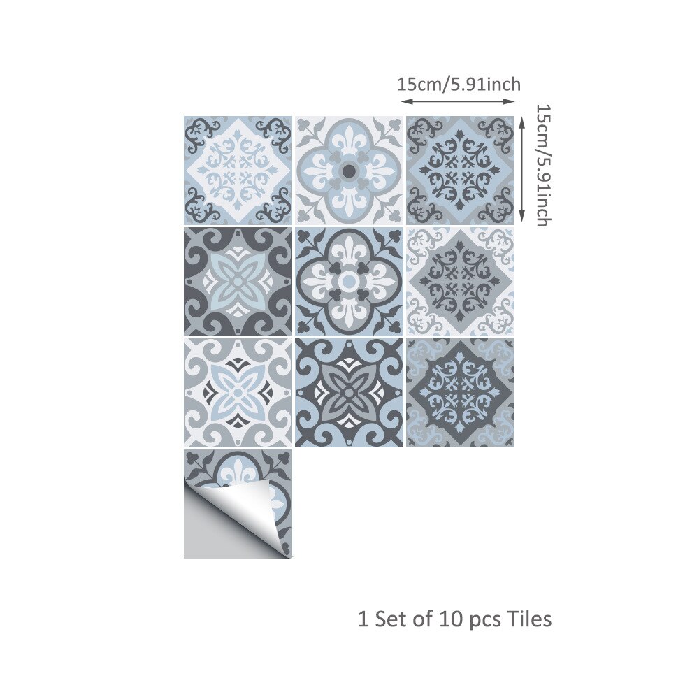 10Pcs Mediterranean Blue Geometric Tile Stickers Bathroom Kitchen Home Anti-skid Wall Stickers DIY Stickers Wallpaper: 15x15cm