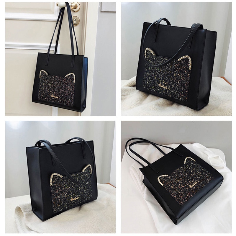 Beibaobao Mode Pailletten Kat Vrouwen Tassen Grote Schoudertassen Dames Luxe Pu Leer Totes Bag Leuke Vrouwen 'S Handtassen