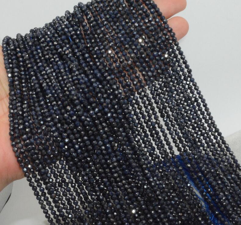 Natural Semi Precious Stone Faceted Round Beads 3mm-3.5mm: Dark Blue Sapphire