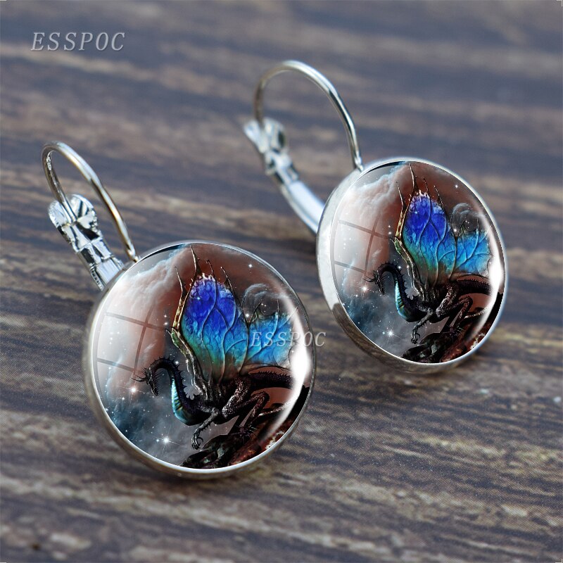 Pendientes de aro de para mujer, aretes de foto de dragón de Metal de Color plateado para mujer, de Navidad de vacaciones de , alas azules de dragón: 10