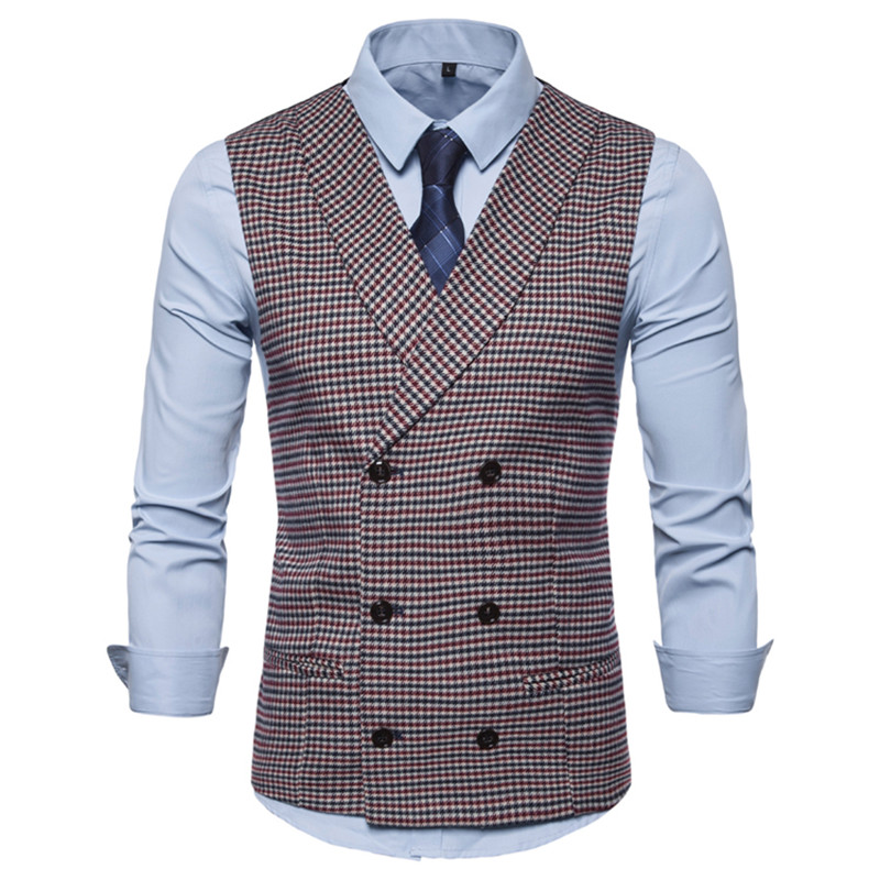 Men Casual Sleeveless Jacket Coat Mens Formal Waistcoats Dress Suit Vest Slim Woolen Plaid Vest British Autumn Suit Vest EUR