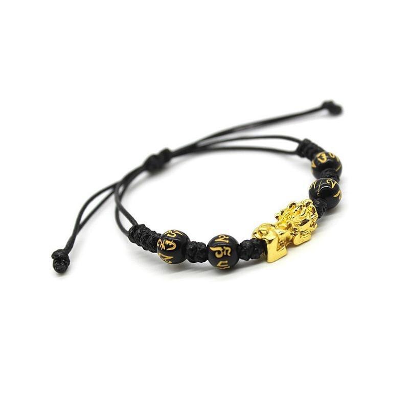 Unisex Feng Shui Obsidiaan Steen Kralen Armband Touw Polsband Gold Rijkdom Gezondheid Rijke Geluk Armband Voor Vrouwen Mannen: Default Title