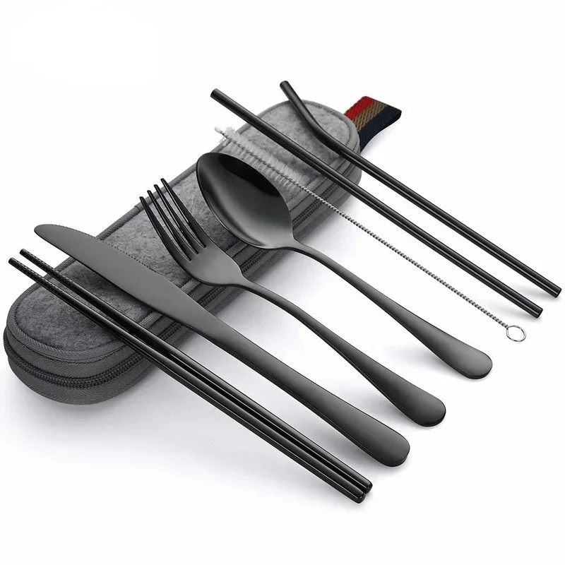 8 pçs/set utensílios de mesa reutilizáveis conjunto de talheres de viagem conjunto de utensílios de acampamento com colher de aço inoxidável garfo pauzinhos palha caso portátil: Preto