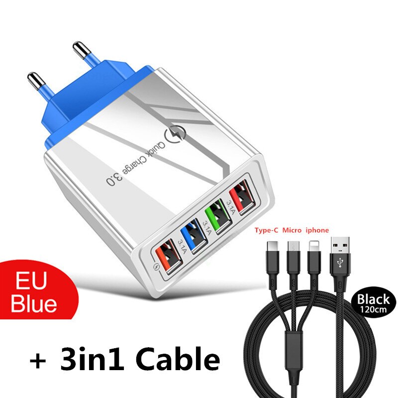 XEDAIN EU/US 4 Port USB Charger Quick Charge Mobile Phone Wall Chargers Cable for iphone X XR Huawei Xiaomi Samsung: EU 3in1 Cable Blue