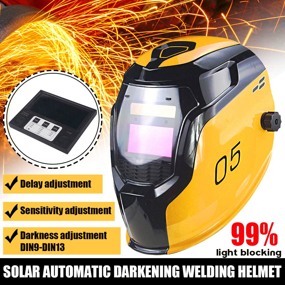 Solar Auto Darkening Welding Helmet Adjustable Shade DIN 9-13 Rest DIN 4 Welding Visor Mask Large View Area Arc Tig Mig Welders
