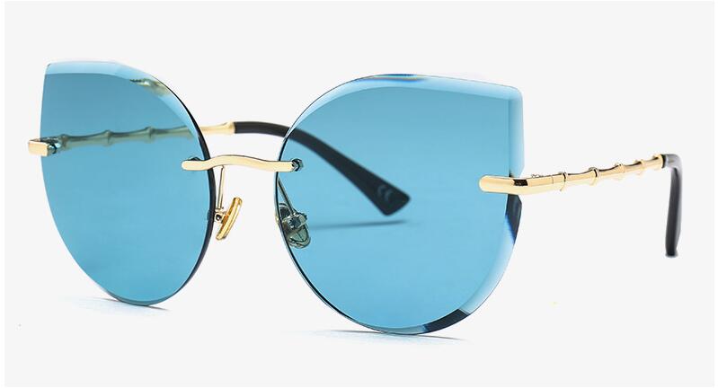Gafas de sol de gran tamaño sin marco para mujer gafas de sol tipo ojo de gato aleación patas de cristal lentes de lujo de grandes sombras: C2 blue lens