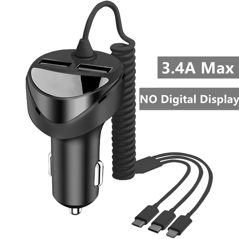 QC 3.0 Quick Car Charger With 3 in 1 USB Cable For iphone 11 7 Samsung Xiaomi Huawei Micro USB Type C Fast Phone Charge Charger: 3.4A NO Display B