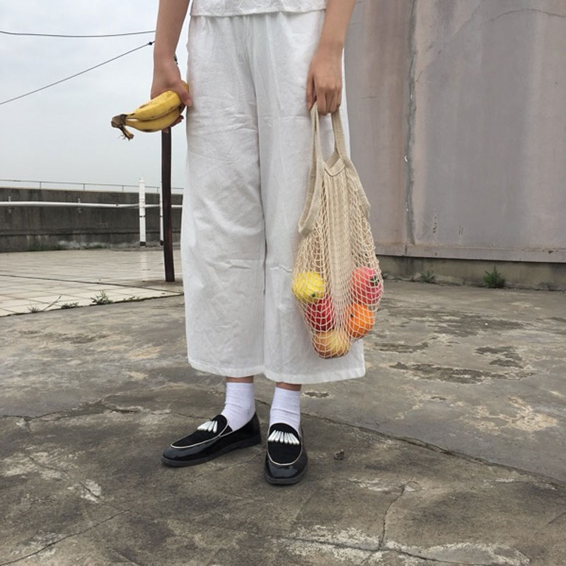 Eco Friendly Reusable Produce Bags Reusable Organic Cotton Mesh Bags for Fruit Vegetable Shopping Handbag Long Handle Net Tote