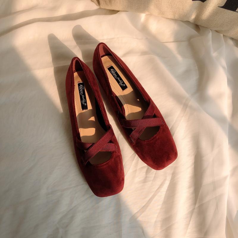 Piger pearl velvet flats nøgen pink balletsko solide elastiske krydsbånd loafers firkantet tå ballerina mokkasiner femme