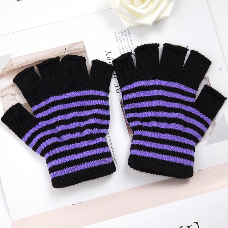 1 paar unisex zwarte strepen halve vinger vingerloze handschoenen voor dames wol gebreide pols katoenen handschoenen winter warme heren trainingshandschoenen: Paars
