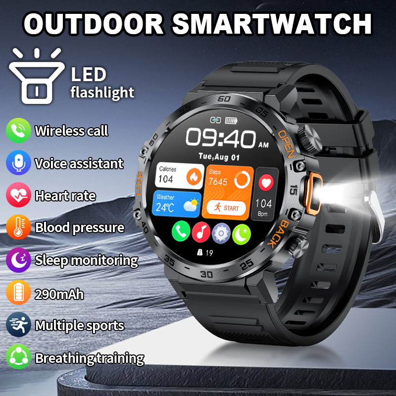 Per Huawei Xiaomi Nuovo AMOLED Smart Watch da uomo con torcia sportiva fitness tracker impermeabile chiamata Bluetooth Smartwatch uomo + scatola
