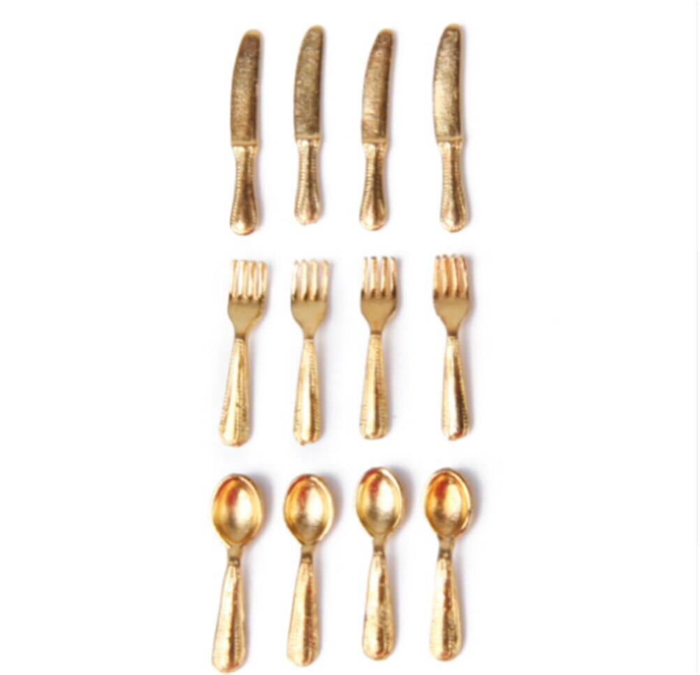 12Pcs 1/12 Dollhouse Miniature Stainless Steel Tableware Set knife spoon fork Classic Pretend Play Kitchen Furniture Toy: Gold