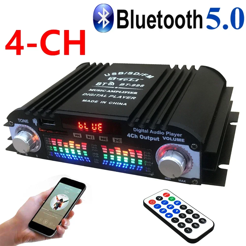 Power Amplifier 4-channel Audio Amplifier MP3 HIFI Bluetooth Amplifier Support USB SD RCA for Home Theatre System DC 12V3A UK AU