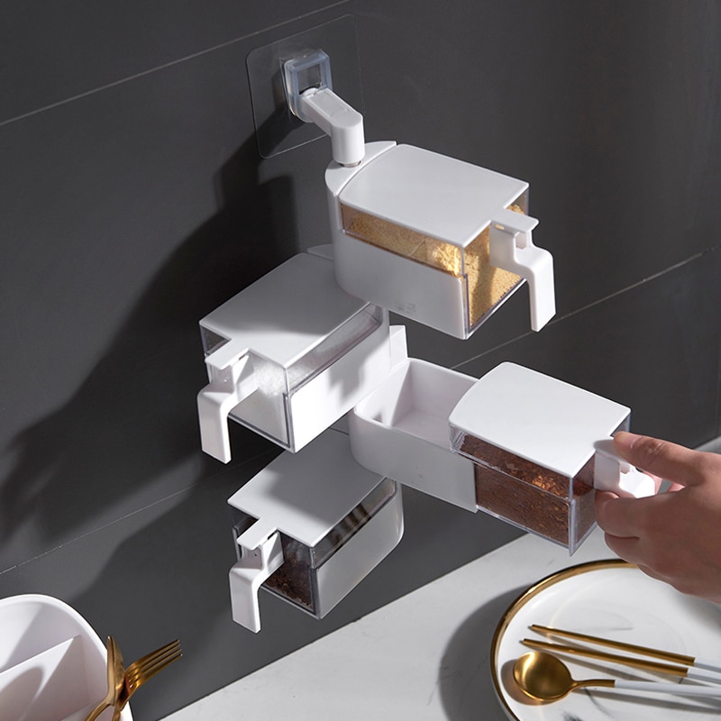 Wall Mount Rotating Cruet Condiment Seasoning Jars Punch-Free Spices Pepper Salt Shakers Holder Kitchen Storage Rack Organizer