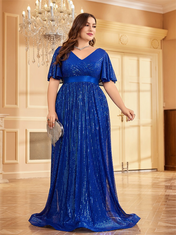 Lucyinlove Plus Size Luxe V-Hals Korte Mouwen Formele Avondjurk Vrouwen Pailletten Huwelijksfeest Prom Maxi Cocktail Jurk Jurk