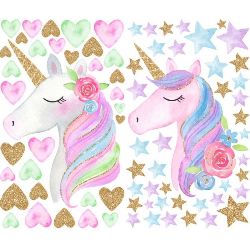 Muursticker met regenboog eenhoorn, meisjeskamer, muursticker, kunst, kinderkamer, woondecoratie
