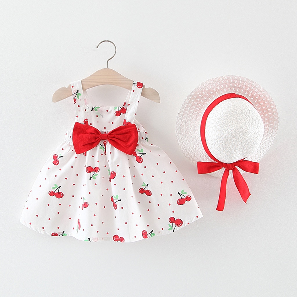 Robes pour bébés filles | Ensemble de 2 pièces, avec chapeau, sans manches, imprimé de fleurs, avec nœud, tenue princesse pour fête d'anniversaire, 20Jan3