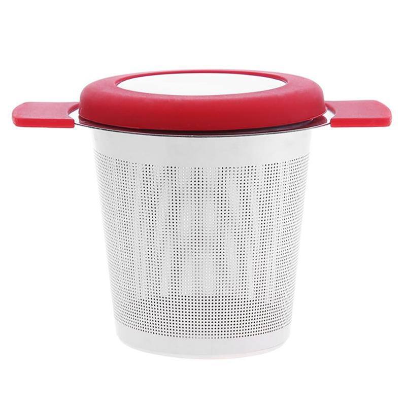 Rvs Herbruikbare Thee-ei Mand Fijne Mesh Theezeefje Met Handgrepen Deksel Thee En Koffie Filters Voor Losse Thee blad: Rood