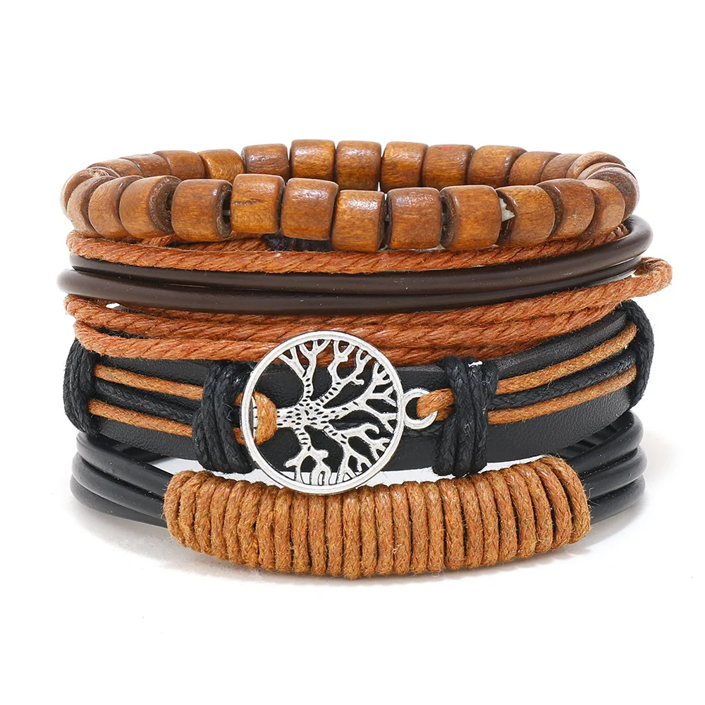 Bohemian Leather Bracelet Men Hand-woven Bracelet Men's Wooden Bead Bracelet Bracelet for Men Charm Bracelet Mens Jewellery: brownish yellow