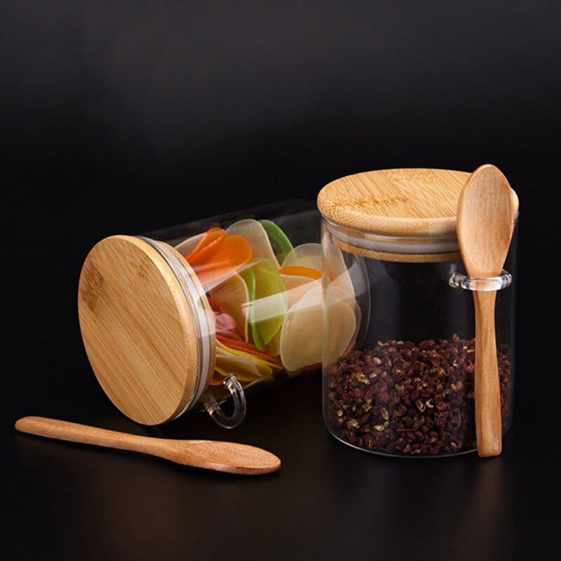 Glass Food Airtight Canister Castor Wooden Twist Lid Kitchen Candy Storage Tank Jar Bamboo Food Container with Wooden Spoon