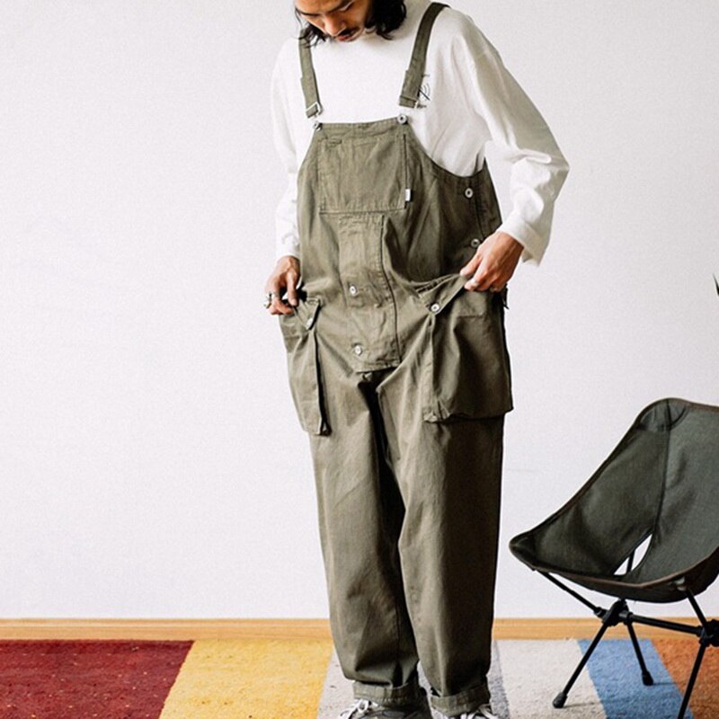 Vintage Multi Pocket Overalls Casual Mannen Jumpsuit Streetwear Losse Een Stukken Caro Broek Riem Pantalon Hombre Past Zomer