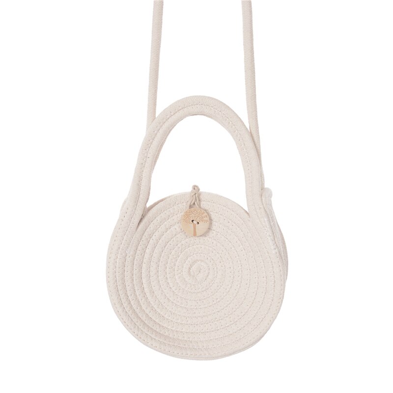 Bolso de paja trenzado para mujer, bolso de mano con asa portátil, cubo decorativo redondo para chica: Blanco