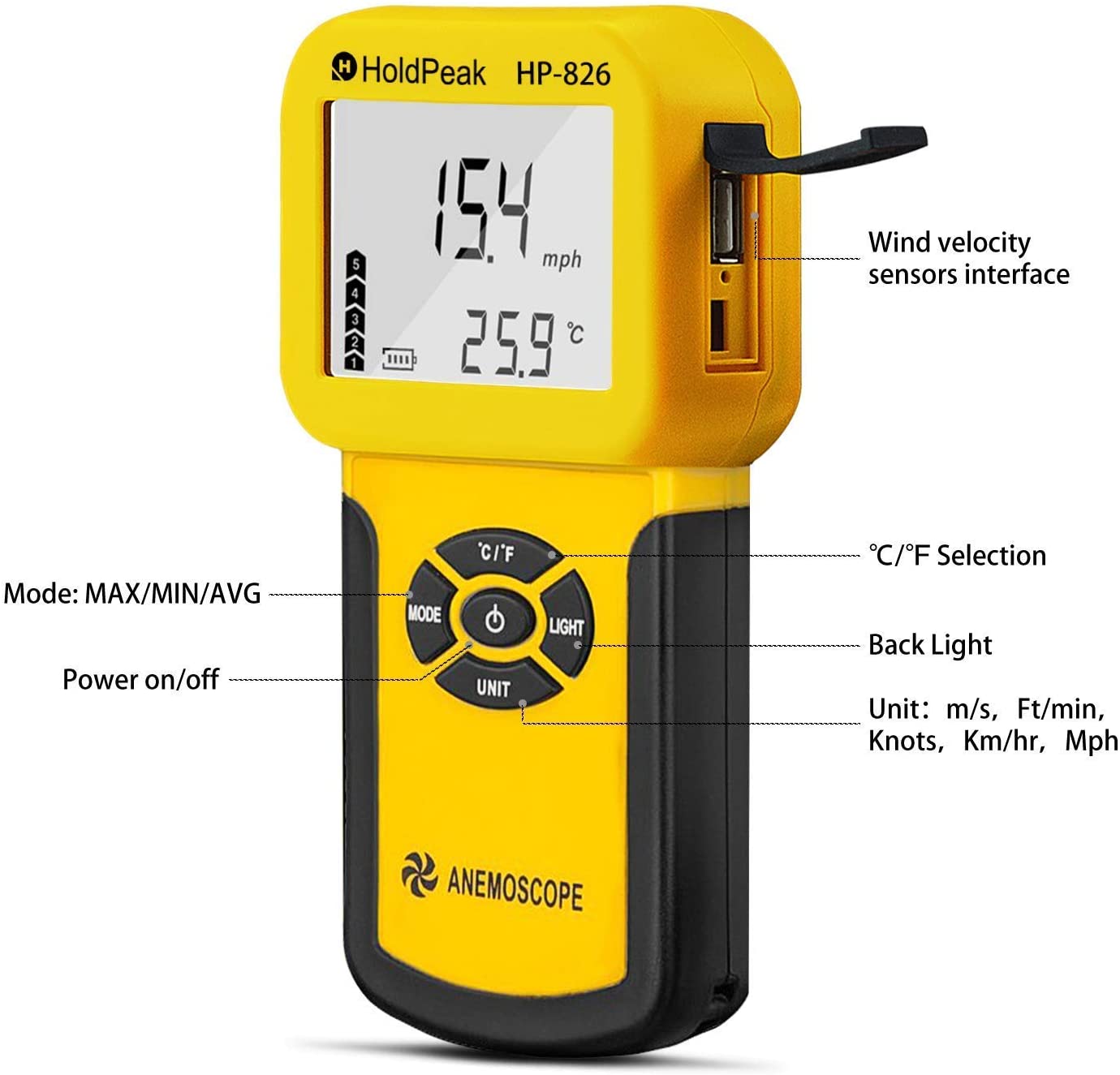 Capteur de vitesse du vent, 0.3 ~ 30 m/s, anémomètre numérique portatif, Instrument pour mesurer le Volume de l'air, HP-826A