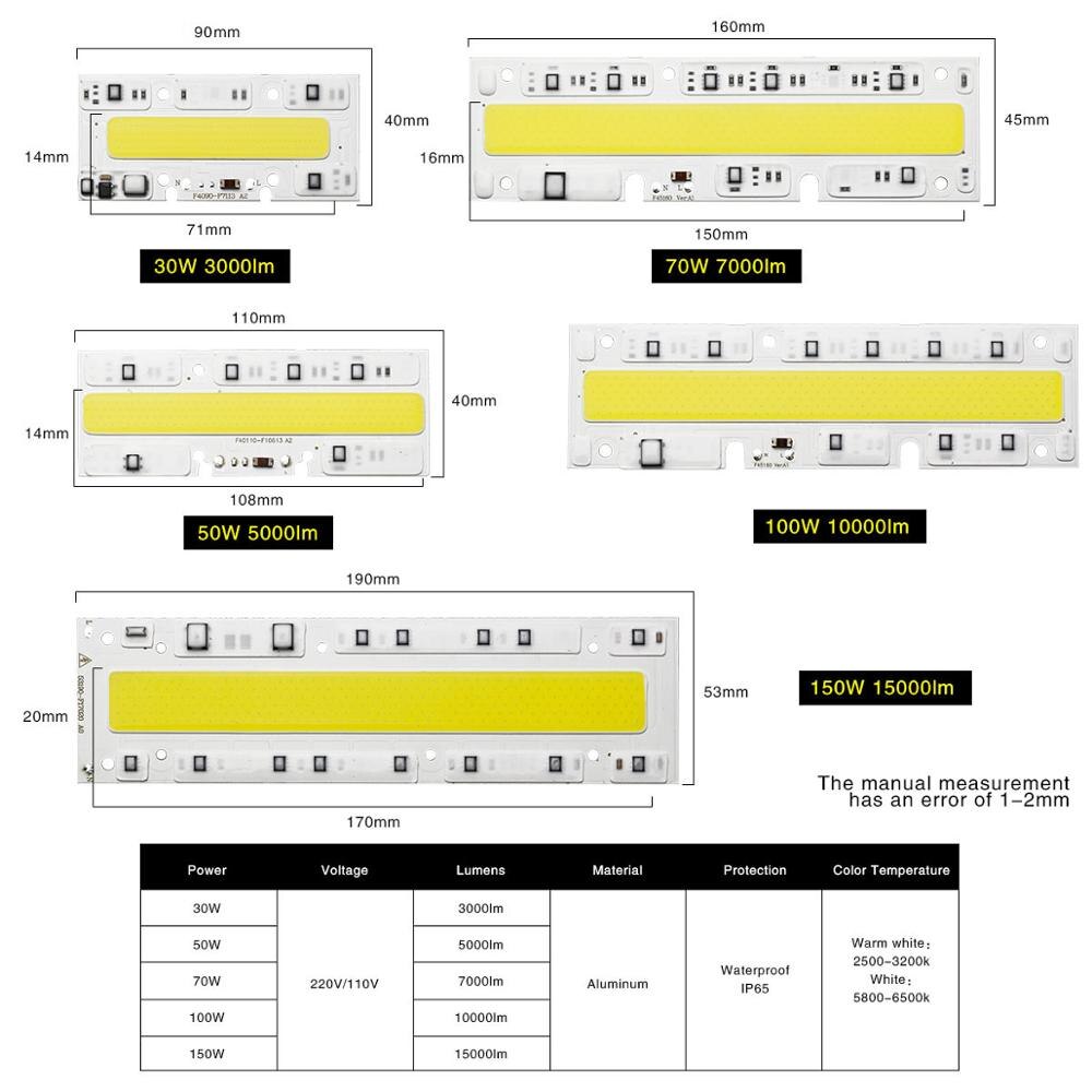 LED COB Chip 150W 100W 70W 50W 30W AC 220V 110V LED Diode Beads IP65 Smart IC DIY Spotlight Flood Light Cold White Warm White