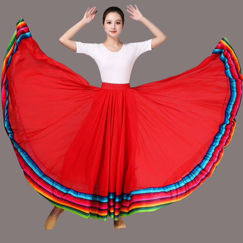 Ropa de calle, falda para actuación de baile, faldas de gasa para mujer, faldas largas de baile cuadradas con borde de arcoíris y cintura elástica de 720 grados: M / Beige