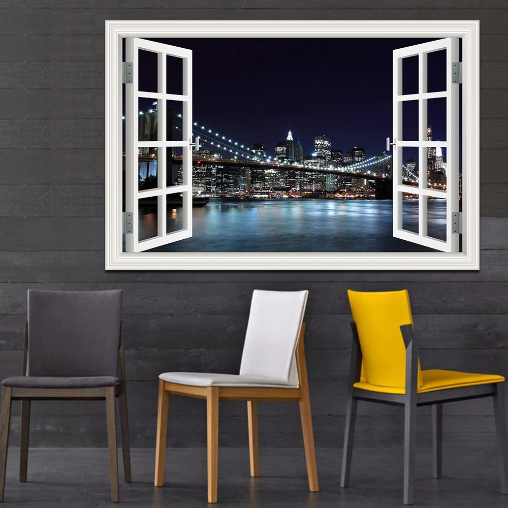 3D Window View wall Sticker York Brooklyn Removable Night Wall Art Wallpaper Kitchen Room decor aesthetic poster prints