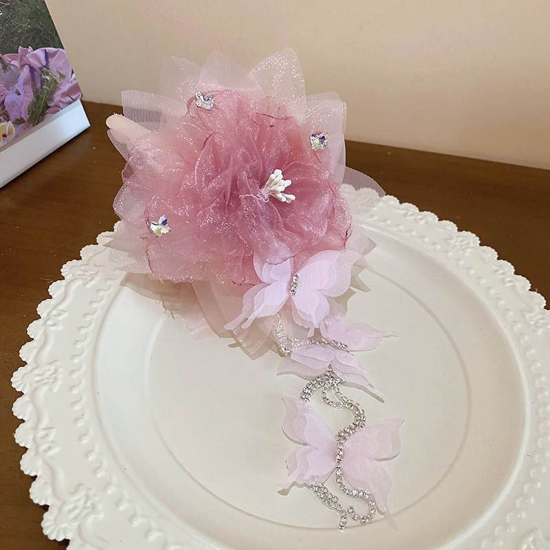 Fleurs de gaze rose strass papillon longue frange requin griffes de cheveux pour les femmes Super fée douce Fairycore accessoires: Default Title