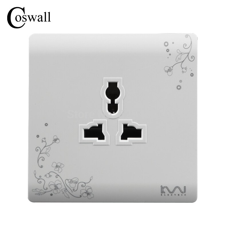 COSWALL Universal 3 Hole Wall Electrical Socket Power Outlet Brief White Art Flower Pattern Wall Panel AC 110~250V