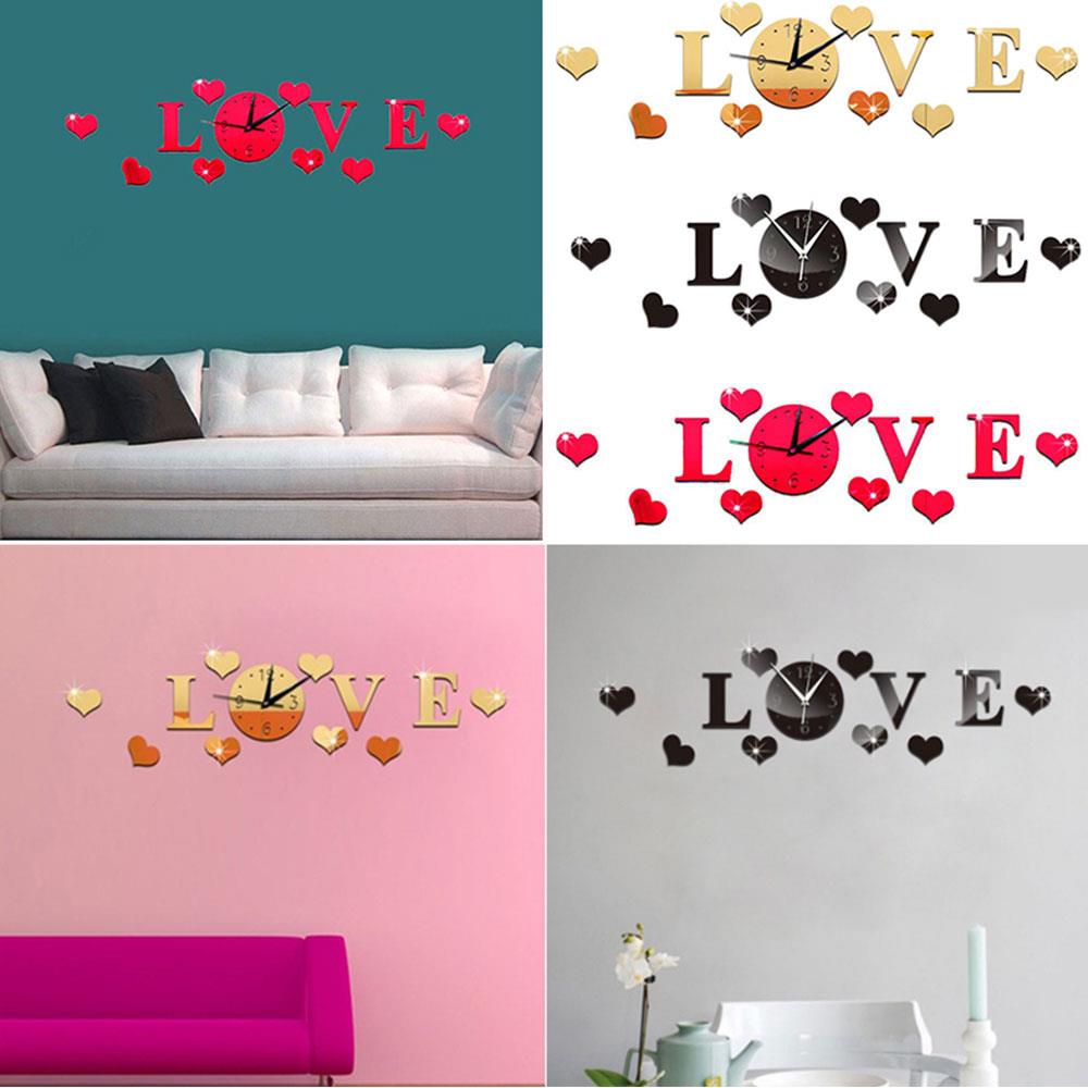 Creatieve Plastic 3D Spiegel Effect Stickers Wandklok Liefde Decals Decoratie