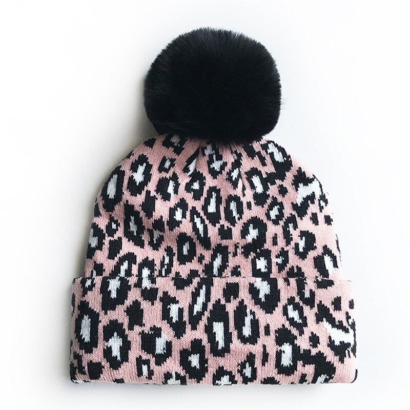 Chapeaux imprimés léopard pour femmes, casquette d'hiver en fourrure tricotée, accessoires de photographie chauds pour filles, chapeau tricoté mignon avec pompon, casquette de Ski chaude: D