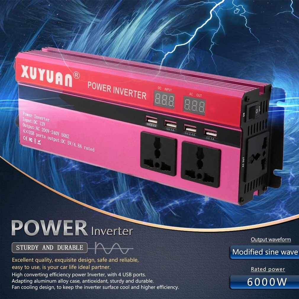 Inversor de energía Solar de 6000W, convertidor de onda sinusoidal de coche con pantalla LED, CC de 12V a ca de 220V, para electrodomésticos