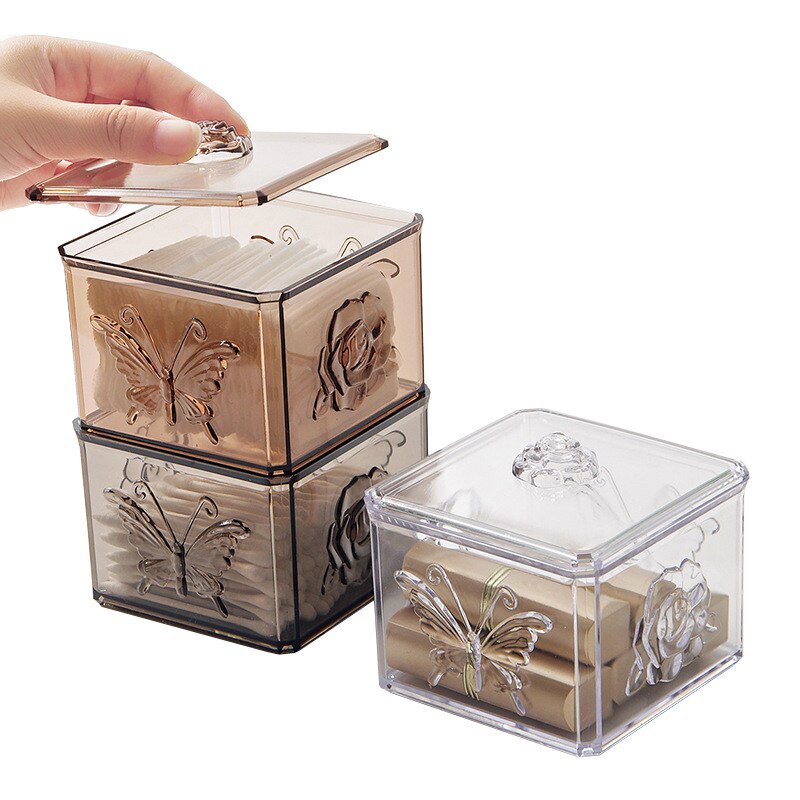 XUNZHE Plastic Rose Cover Dust-proof Cosmetic Box Transparent Carved Lipstick Finishing Box Cotton Swab Box Desk Organizer Box