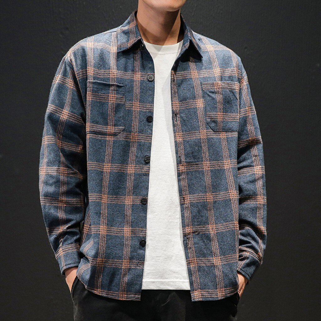 Herr rutiga skjortor i stil man blå brun rutiga långärmade skjortor herr oversized topp skjorta plus size bekväma