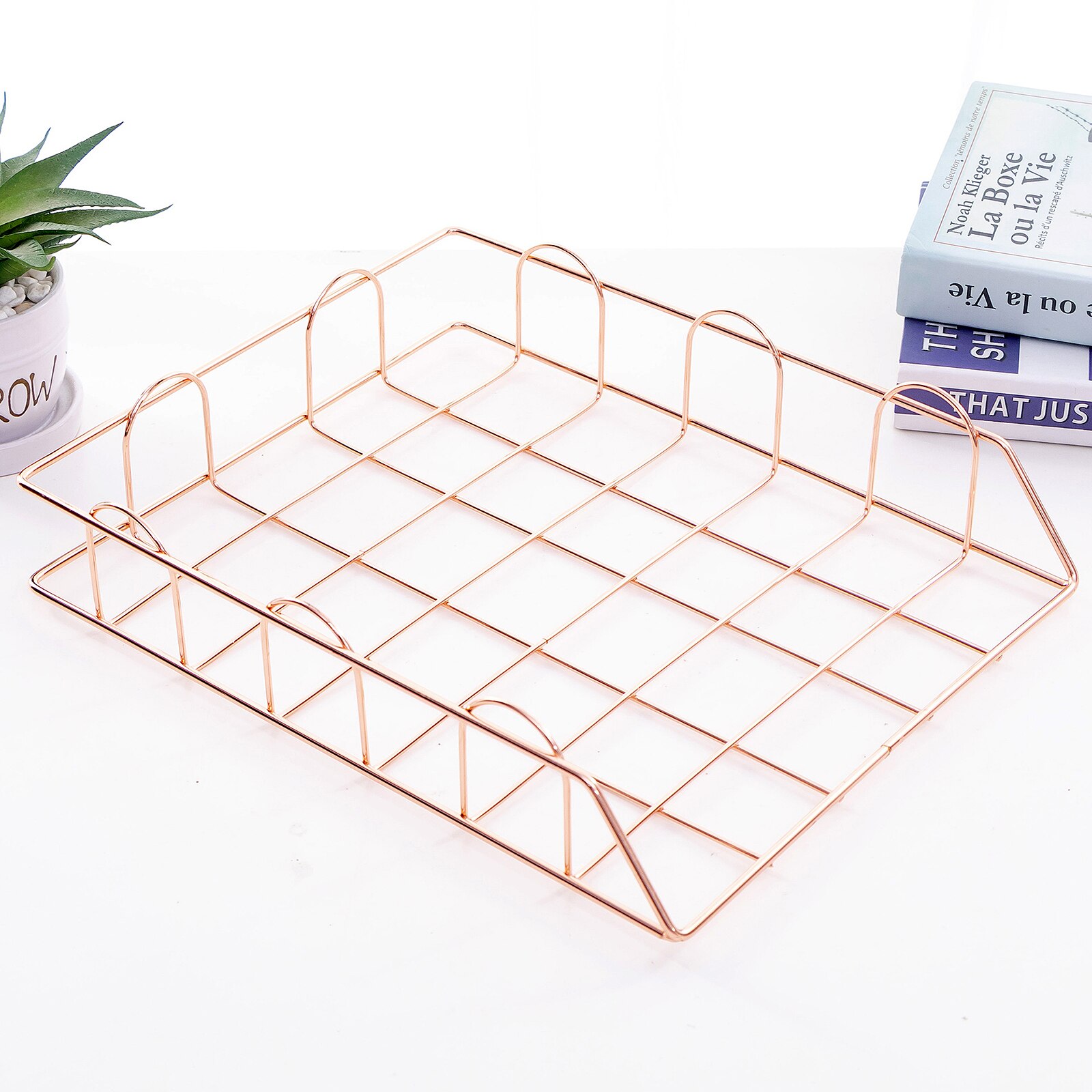 Cesta de almacenamiento apilable de Metal para revistas, organizador de periódico, marco nórdico de oro rosa, escritorio de oficina, cesta de acabado de papel A4: pink