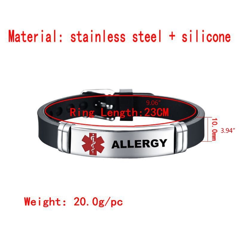 Pulsera de silicona con alerta médica para hombre y mujer, brazalete de silicona ajustable para Diabetes tipo 1, para primeros auxilios de emergencia, Color Rojo
