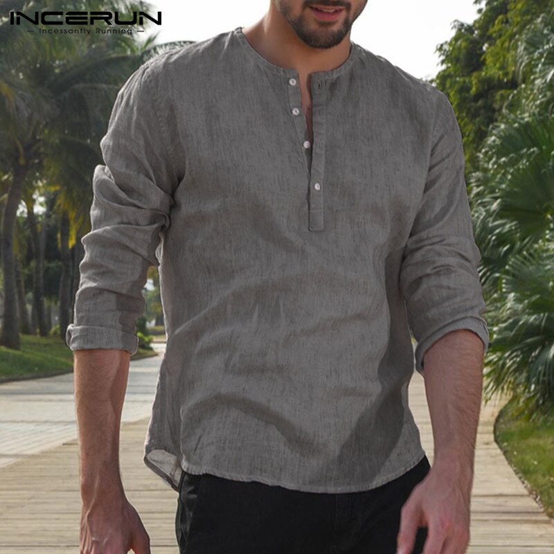 5XL Mens Dress Shirts Long Sleeve Button Crew Neck Linen Cotton Shirts Solid Loose Autumn Hiphop Plus Size Male Clothes