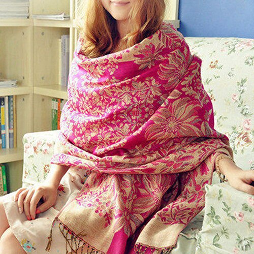Kvinders retro etniske stil blomstermønster kvaster lang varm vinter forår rejse sjal pashmina tørklæde stor